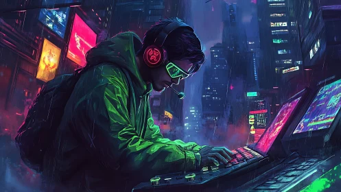 Neon-clad hacker at rain-soaked cyberpunk terminals. Period.
