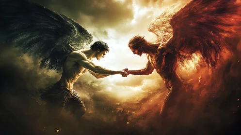 Celestial rivals lock arms in a storm of light and embers.