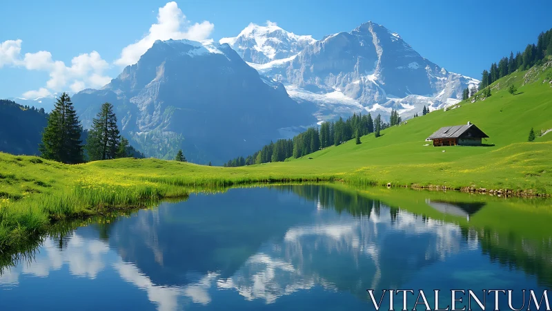 Quiet alpine cabin beside mirror bright mountain lake.