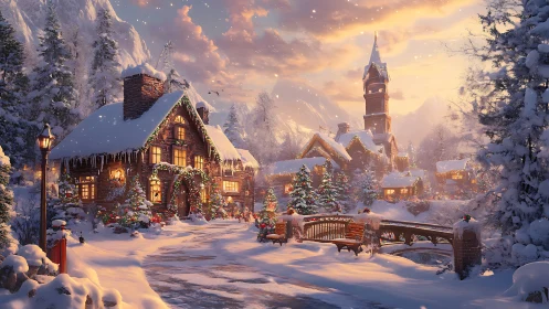 Snow-laden alpine village illuminated by warm festive lighting