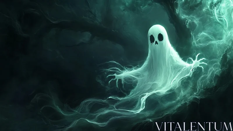 Gloomlit ghost drifts through tangled midnight mist. Period.