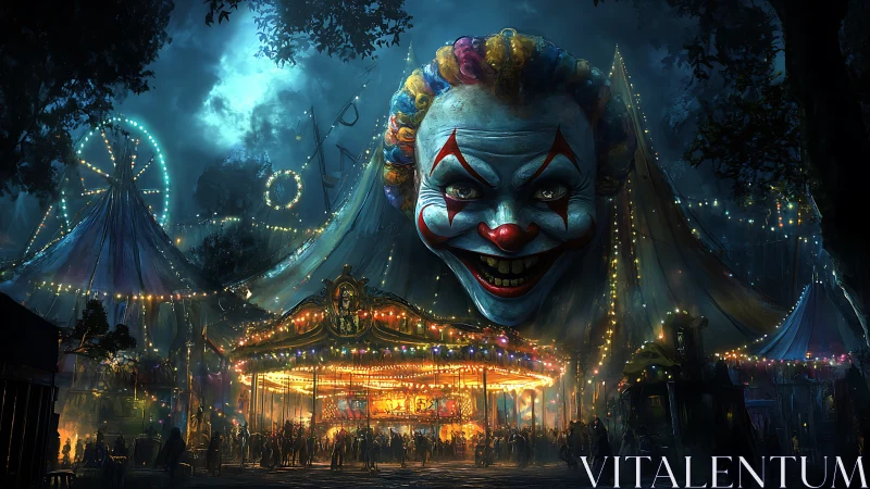 Sinister clown carnival looms over glowing night carousel