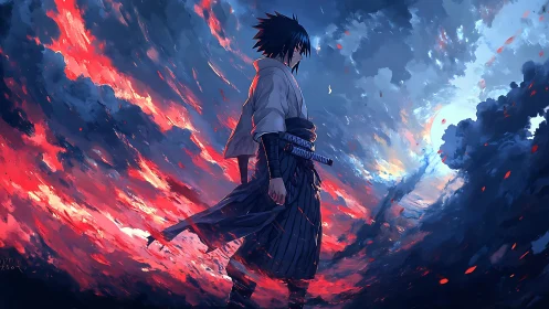 Solitary anime swordsman in glowing blue and red storm