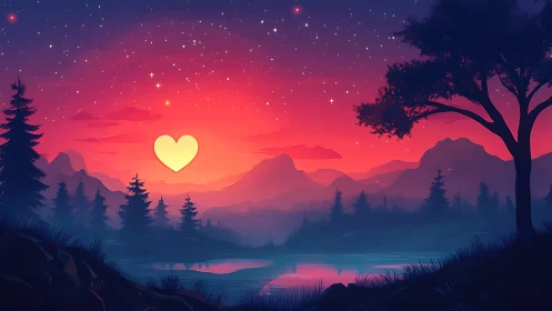 Heart-Shaped Sun Over Mountain Lake at Dusk