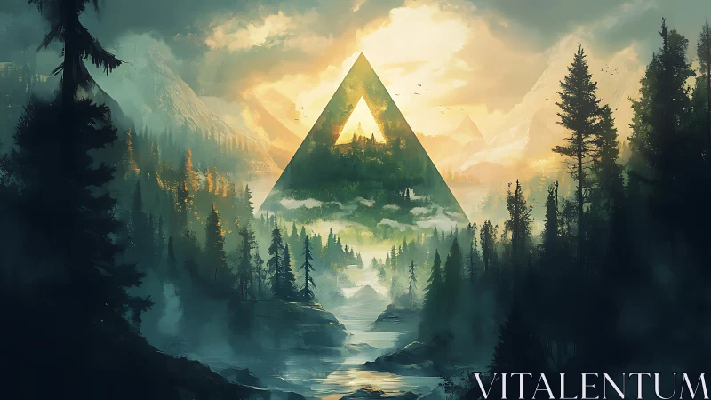 Triangular atmospheric portal over alpine conifer valley.