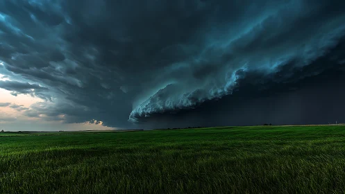 Stormfront leviathan rolling above emerald prairie horizon.