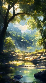 Luminous Canyon Stream. Towering Trees Frame Mountain Valley Vista.