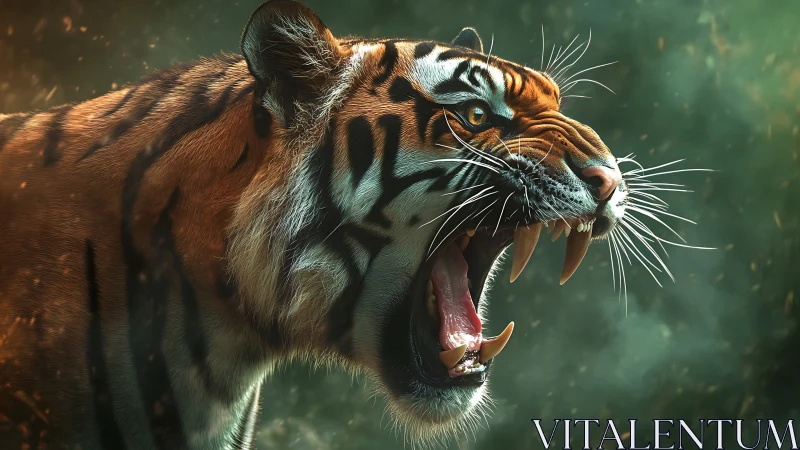 Roaring tiger profile with bared fangs in dense green haze.