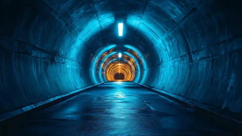 Cylindrical road tunnel uses cool blue wash and warm core glow