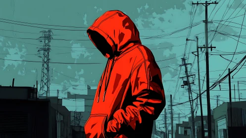 Hooded figure in red jacket stands in stark urban street scene.