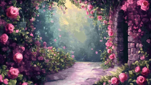 Pink Roses Frame Misty Garden Archway Path.