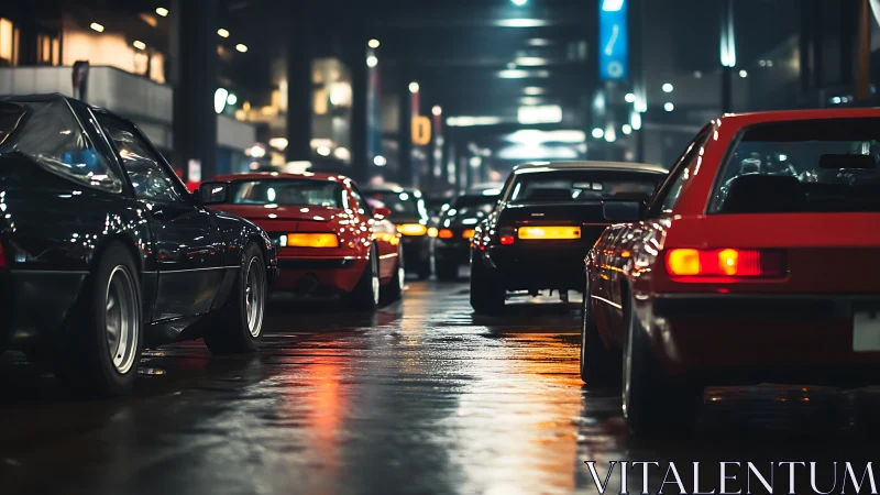 Classic sports cars idle under wet city night lights