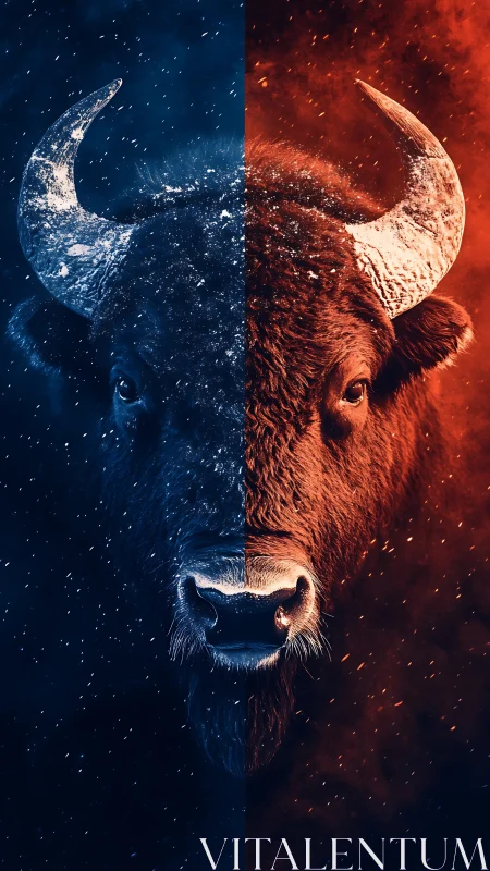 Bison portrait splits into cold blue ice and hot red fire