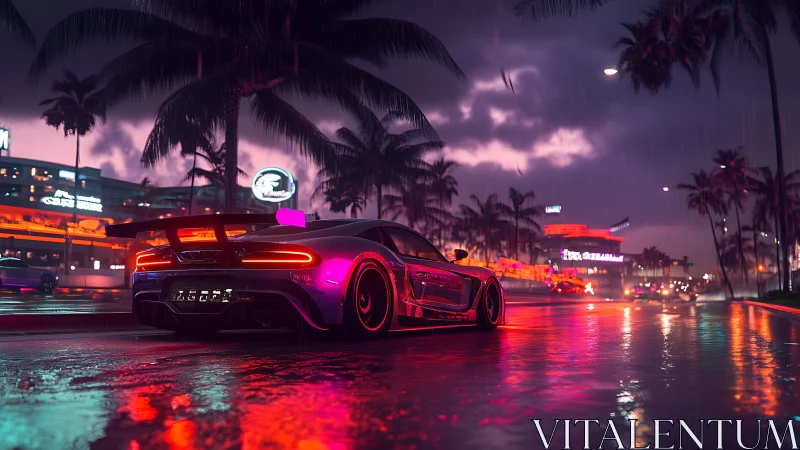 Neon-soaked supercar in cinematic cyberpunk boulevard rainscape.
