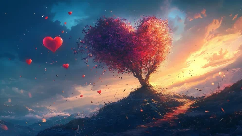 Luminescent Heart-Shaped Tree with Particle Explosion Against Gradient Sunset