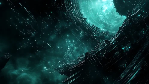 Futuristic teal space vortex swirls around shattered megastructure