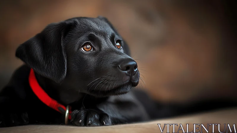 Black labrador puppy rests calmly in soft warm light.