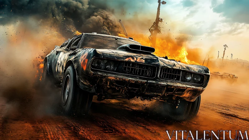 War-torn muscle car drifts through exploding desert inferno.