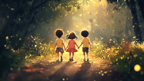 Children holding hands walking through golden forest light.