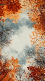 Golden autumn canopy frames a tranquil overcast sky