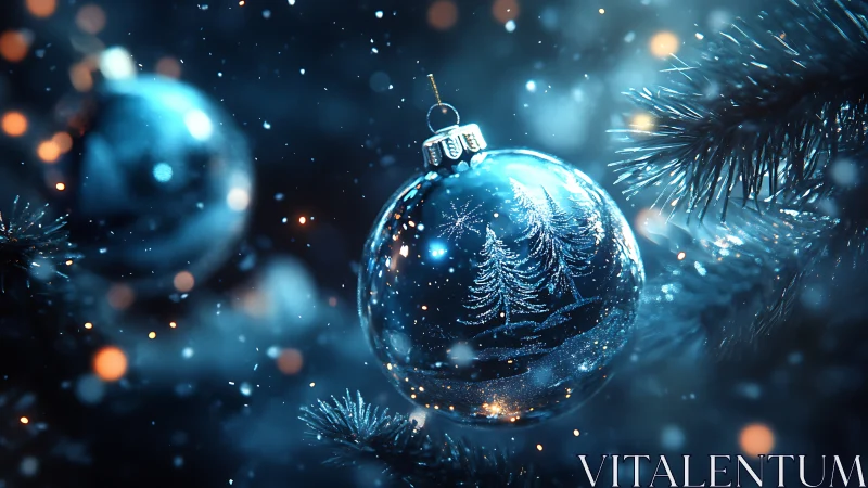 Macro close-up of frosted blue glass Christmas bauble in snow