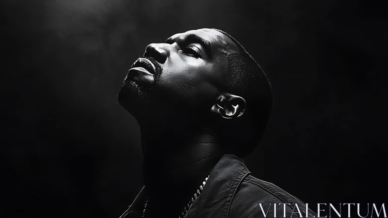 Man&rsquo;s head tilted upward in dramatic side profile lighting