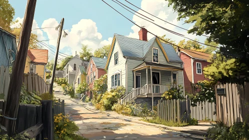 Sunlit sloping lane with wooden cottages and overhead power lines