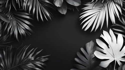 Monochrome tropical foliage framing empty dark center.