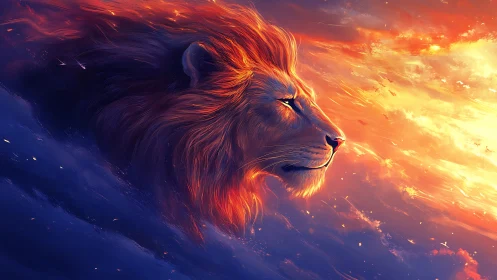 Lion profile rendered in intense blue and orange light