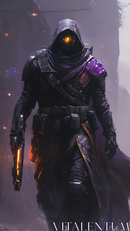 Hooded space wanderer with ember-lit weapon in the mist.
