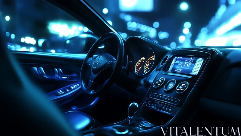 Luxury car cockpit glows with neon blue city lights at night.