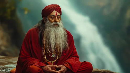 Meditating sage in red robes sits before blurred mountain waterfall