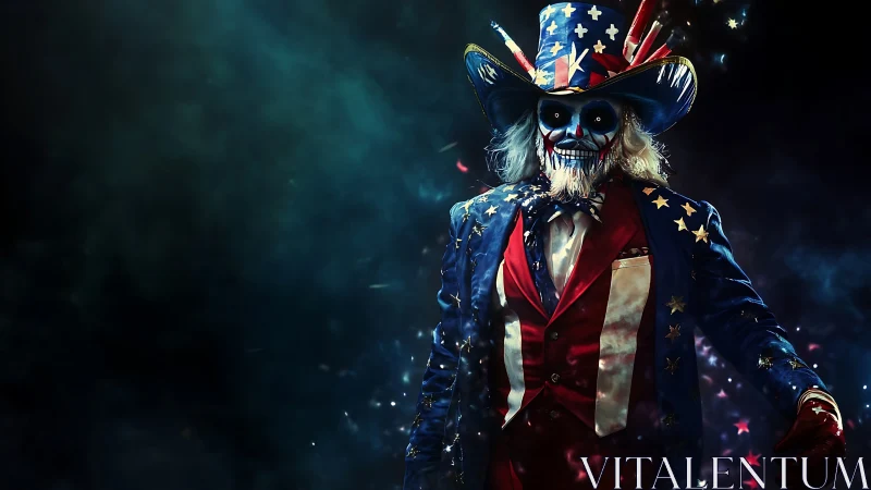 Patriotic skeletal showman in explosive chromatic regalia.