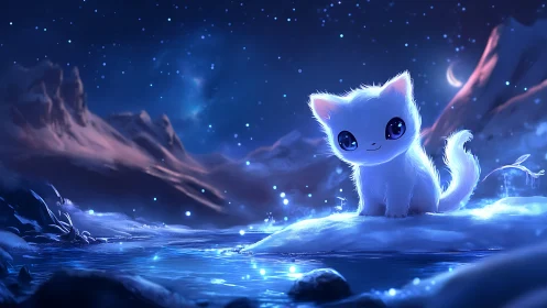 A glowing white cat sits peacefully in a magical winter landscape