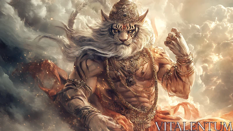 Skyborn tiger demigod storms through molten clouds of myth.