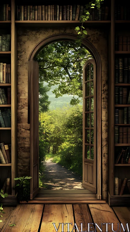 Arched library doorway reveals sunlit forest path in depth