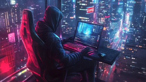 Hooded cyber-operator scripting intrusion above neon megacity.