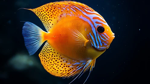 Vibrant orange tropical fish with striped fins profile.