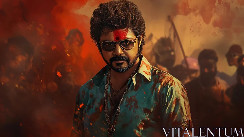 Fierce leader strides through embers and uprising shadows.