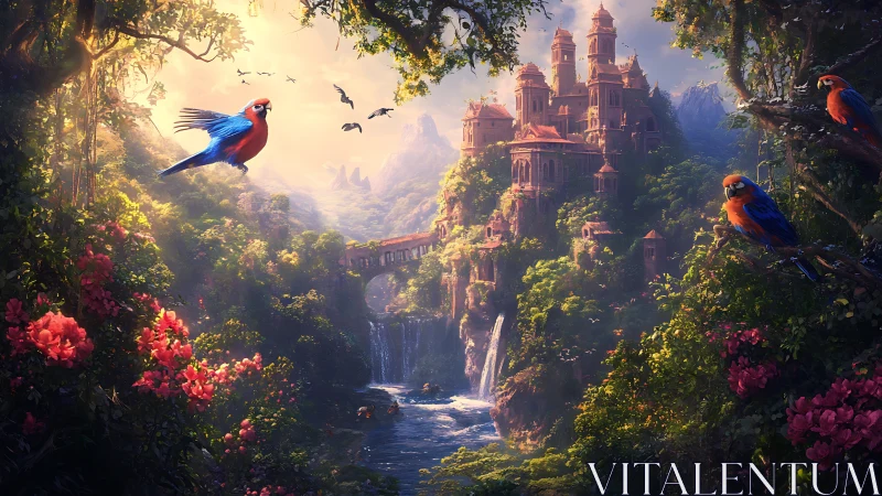 Enchanted cliffside castle among waterfalls and bright birds.