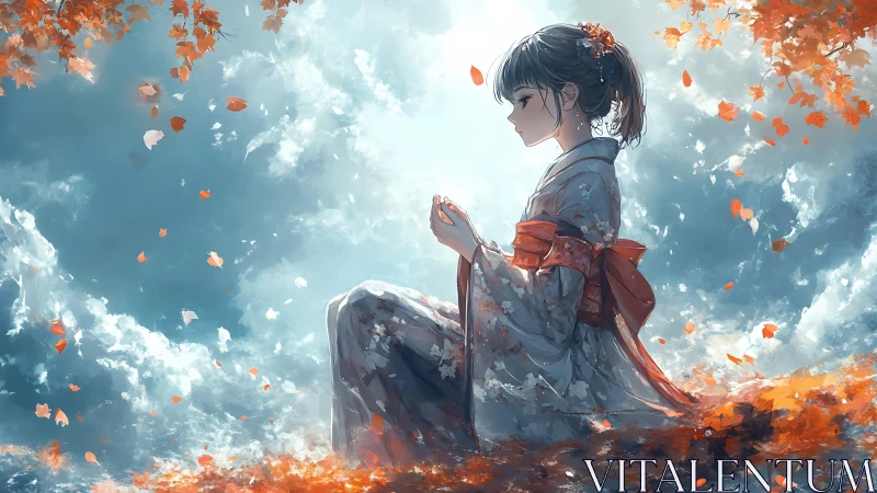 Girl in patterned kimono kneels among swirling autumn leaves