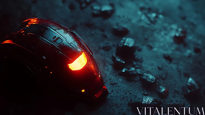 Fallen red sci fi helmet glowing on shattered ground.