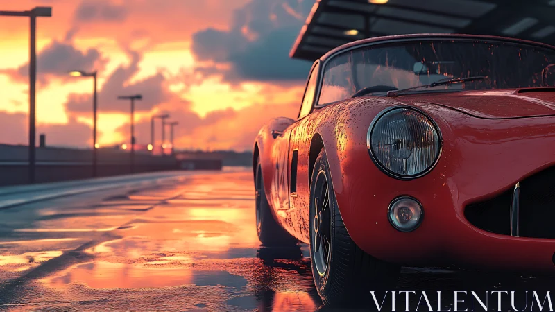 Red sports car on wet rooftop under sunset sky.