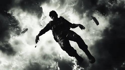 Drifting soldier eclipsed by stormlit void in freefall silence.