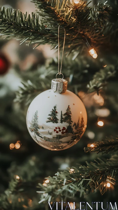 White glass bauble with winter forest motif on lit tree
