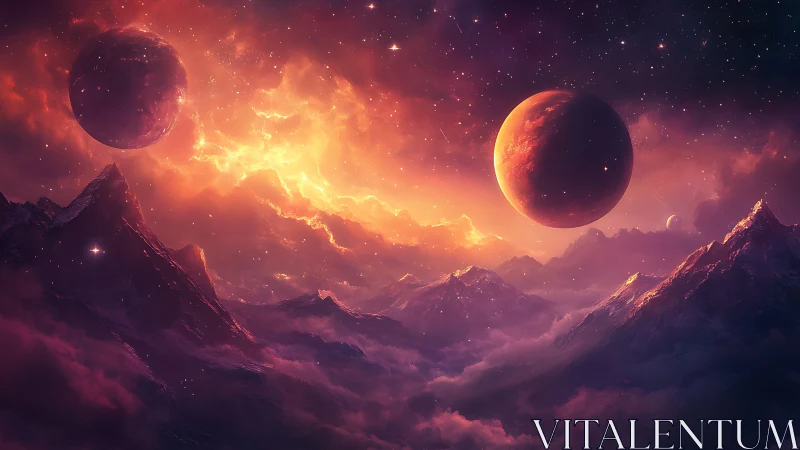 Planetary bodies above luminous alien mountain range.