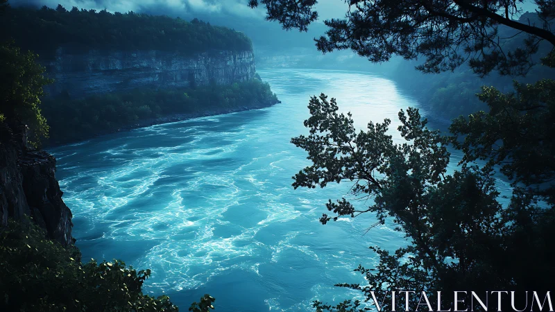 Mist-lit blue river gorge cuts through shadowed forest cliffs.