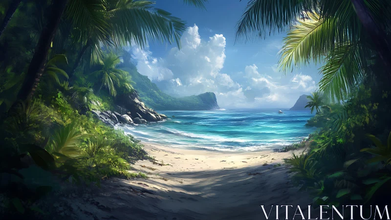 Tropical Paradise Beach Cove Framed by Palm Trees