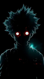 Neon outlined anime silhouette with glowing red eyes.