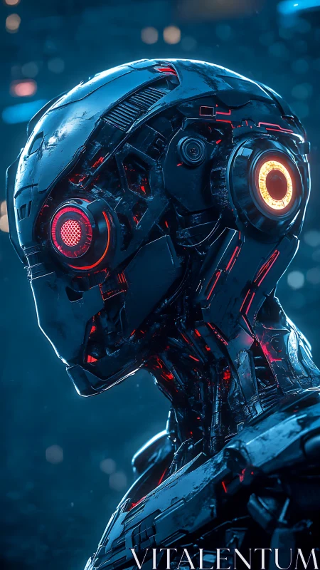 Cyborg head with illuminated red circuitry stands in profile view